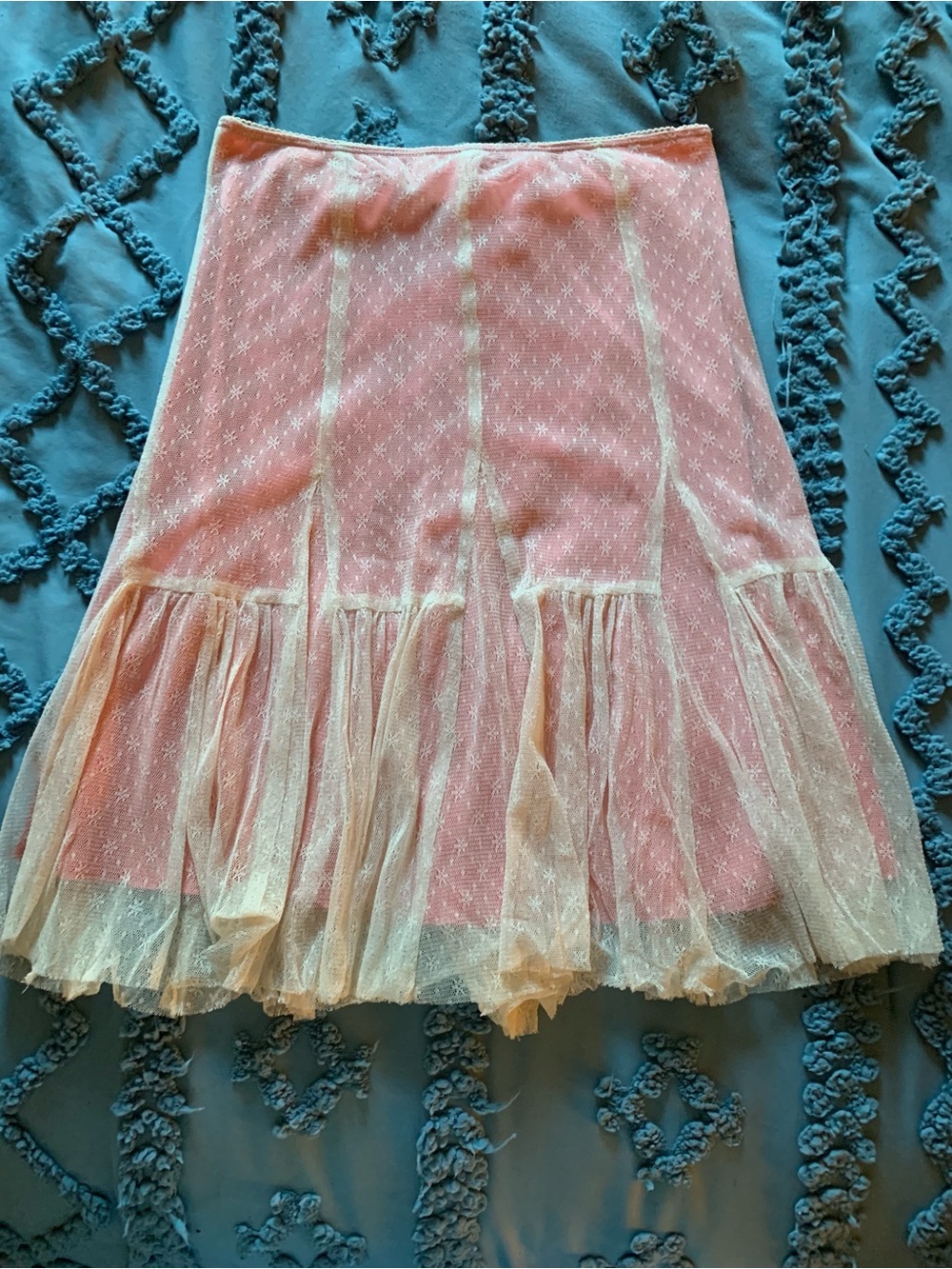 Vintage Y2K Lush Pink Coquette Drop-Waist Skirt with Cream Mesh Lace Overlay